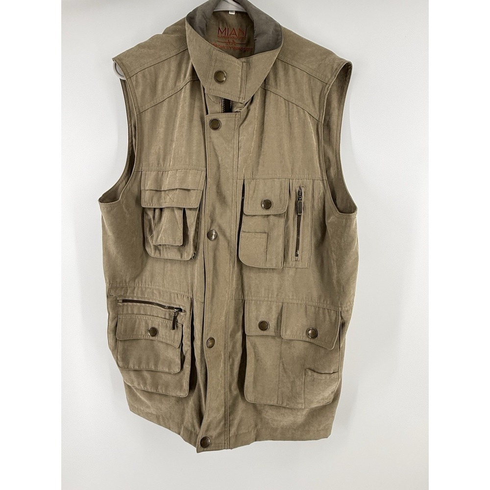 MIAN High Quality Micro Satin Men's XL Safari Utility Vest Khaki Multi Pocket